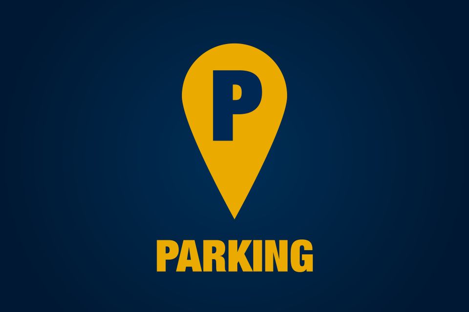 A gold and blue graphic that reads "parking" and features a map pin.